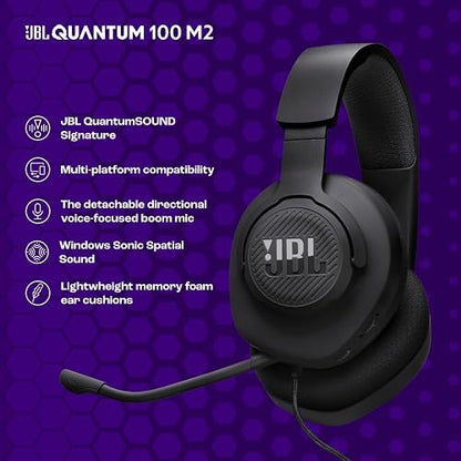 JBL Quantum 100M2 - Audífonos alambricos integrales para Gaming con Cable y micrófono Extraible con opción de silenciar - Negro