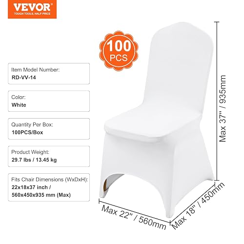 VEVOR 100 Fundas de Silla Blancas de poliéster y Elastano, Fundas elásticas para Boda, Fiesta, Comedor, Banquete, decoración de Silla