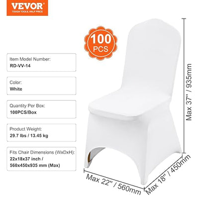 VEVOR 100 Fundas de Silla Blancas de poliéster y Elastano, Fundas elásticas para Boda, Fiesta, Comedor, Banquete, decoración de Silla