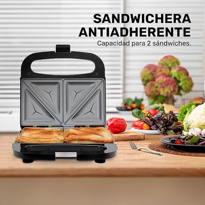 TAURUS COSMOS | Sandwichera antiadherente | Práctica y compacta | 2 sandwiches | 750 W | Indicadores luminosos de encendido y apagado | Seguro de cierre | Enrolla cable | Negro