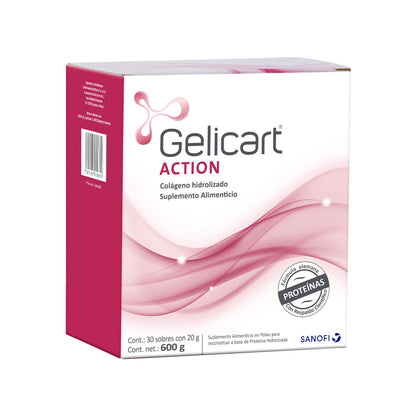 Gelicart Action, Suplemento Alimenticio, Polvo de Colágeno Hidrolizado con 30 Sobres de 20 gr, 1 count