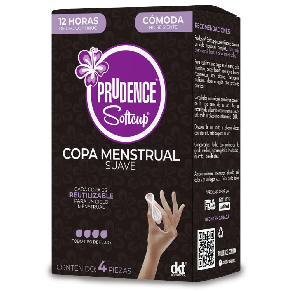 PRUDENCE Copa Menstrual Suave Reutilizable – Protección Íntima Cómoda hasta 12 Horas, Sin Látex – Caja con 4 Copas