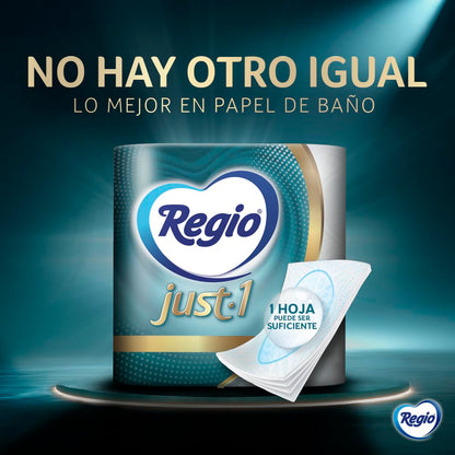 Regio Just 1 Papel Higiénico, Con Hojas Cuádruples 50% Mas Gruesas, Centro Suave, 12 Rollos