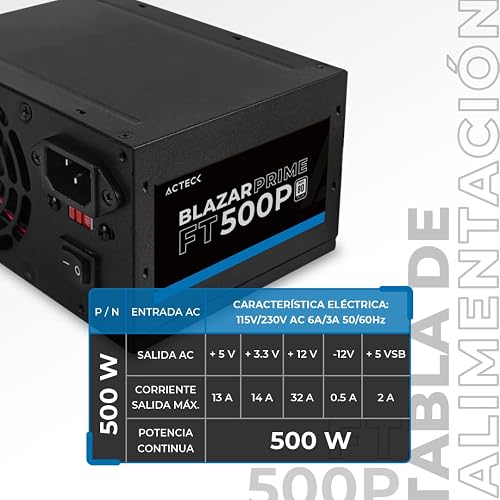 Acteck Fuente de Poder PC 500W Blazar Prime FT500P ATX Negro AC-938143