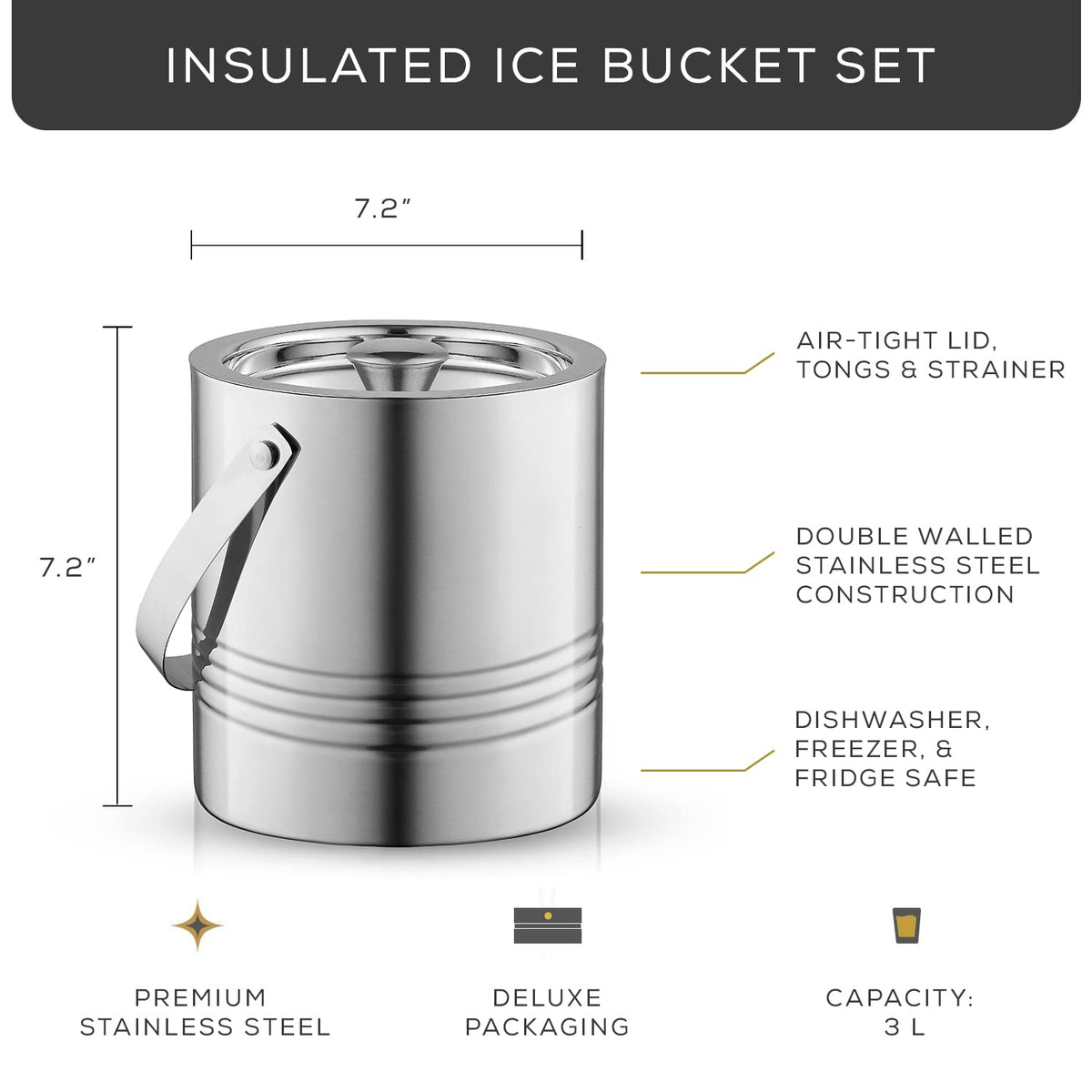 JoyJolt Cubo de Hielo de Pared Doble de Metal con Tapa, Pinzas para Hielo y Colador. Cubo de Hielo Aislado de 3L para Bar de Cócteles, Vino, Accesorios para Bar en Casa, Fiestas, Cubo de Champán