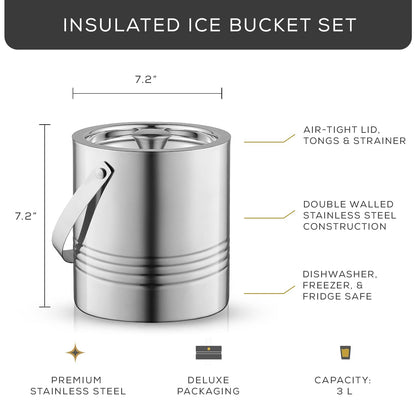 JoyJolt Cubo de Hielo de Pared Doble de Metal con Tapa, Pinzas para Hielo y Colador. Cubo de Hielo Aislado de 3L para Bar de Cócteles, Vino, Accesorios para Bar en Casa, Fiestas, Cubo de Champán