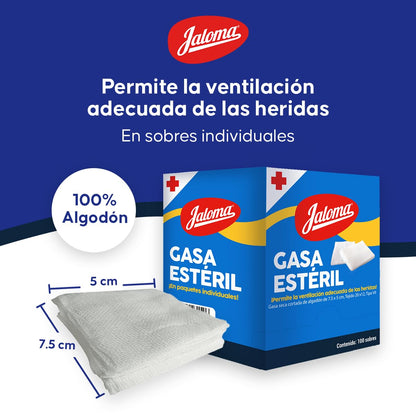 Jaloma | Gasa Estéril Simple 7.5x5 cm, material de curación, caja con 100 sobres