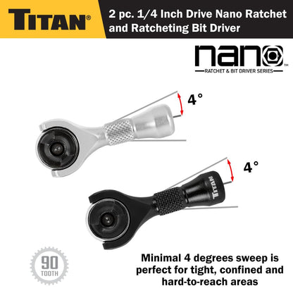 Titan 11332 Juego de 2 piezas: matraca nano de 90 dientes y destornillador de brocas con cabeza giratoria, cuadro de 1/4 pulgadas x 2-1/4 pulgadas (6.35 mm x 57.15 mm)