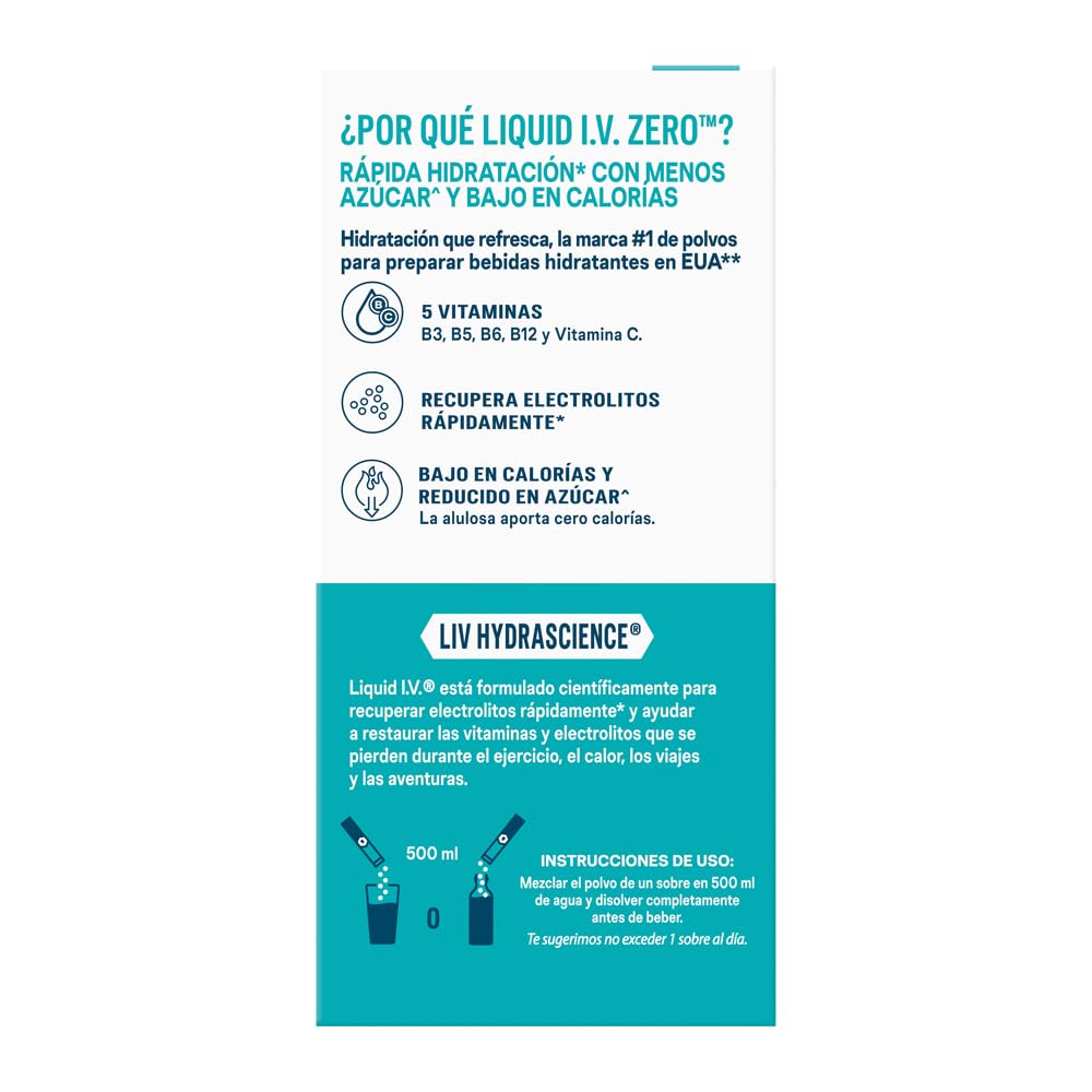 LIQUID I.V. Zero Electrolitos y Vitaminas en Polvo para preparar Bebida Hidratante sabor Durazno, 8 Sobres