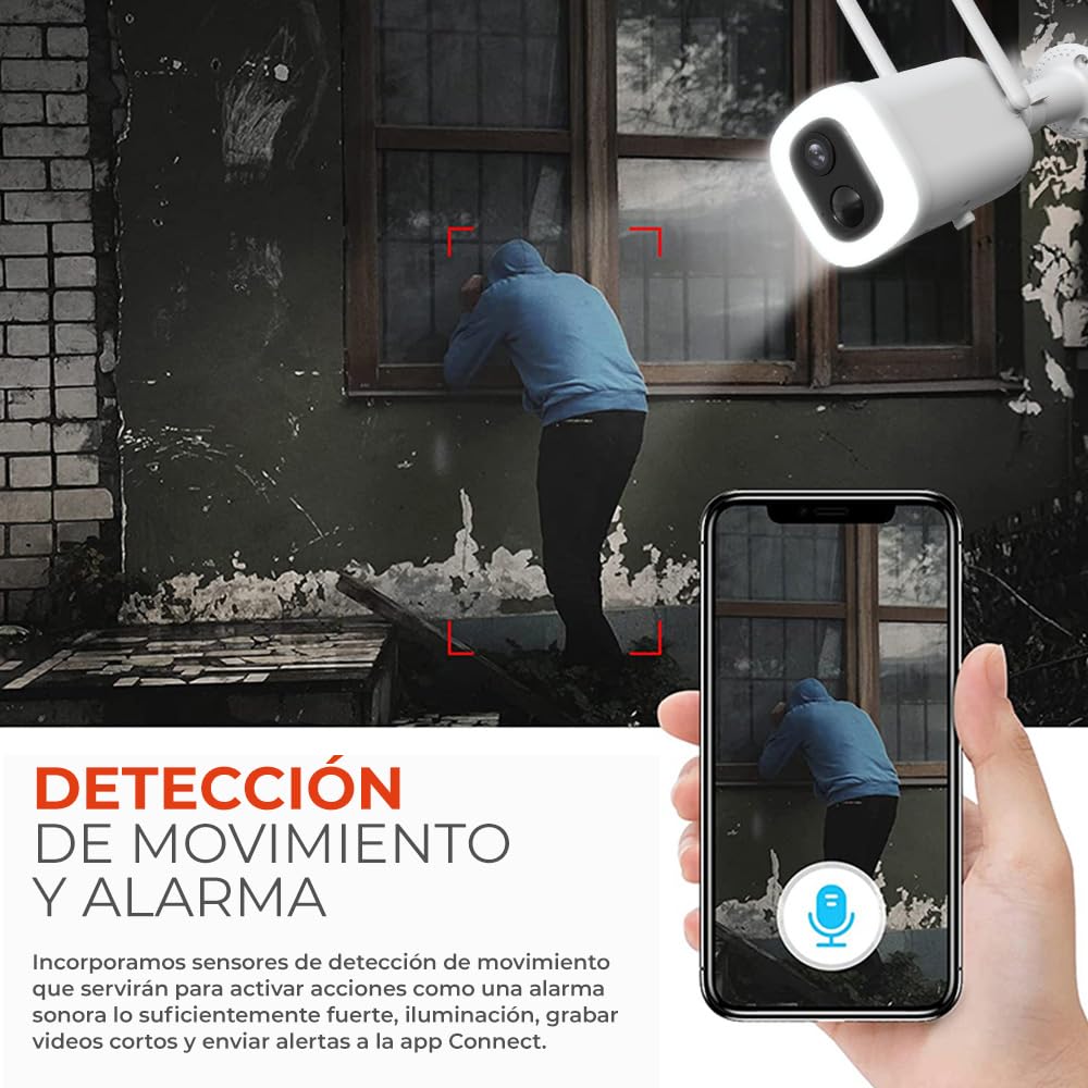 Tecnolite Connect - Cámara de Seguridad Exterior WiFi Recargable Inalámbrica con Lámpara LED 4.5 W, Visión Nocturna, Compatible con App móvil, Alexa, Google y Siri, Visión Nocturna, Monitoreo