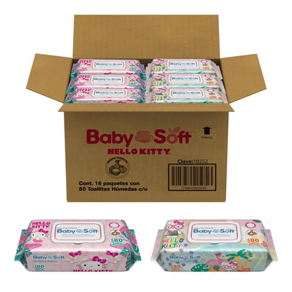 Toallitas Húmedas Baby Soft, Aroma Lavanda/Aroma Tropical, Hello Kitty and Friends, Caja con 1,440 piezas (18 Paquetes con 80 Toallitas c/u)