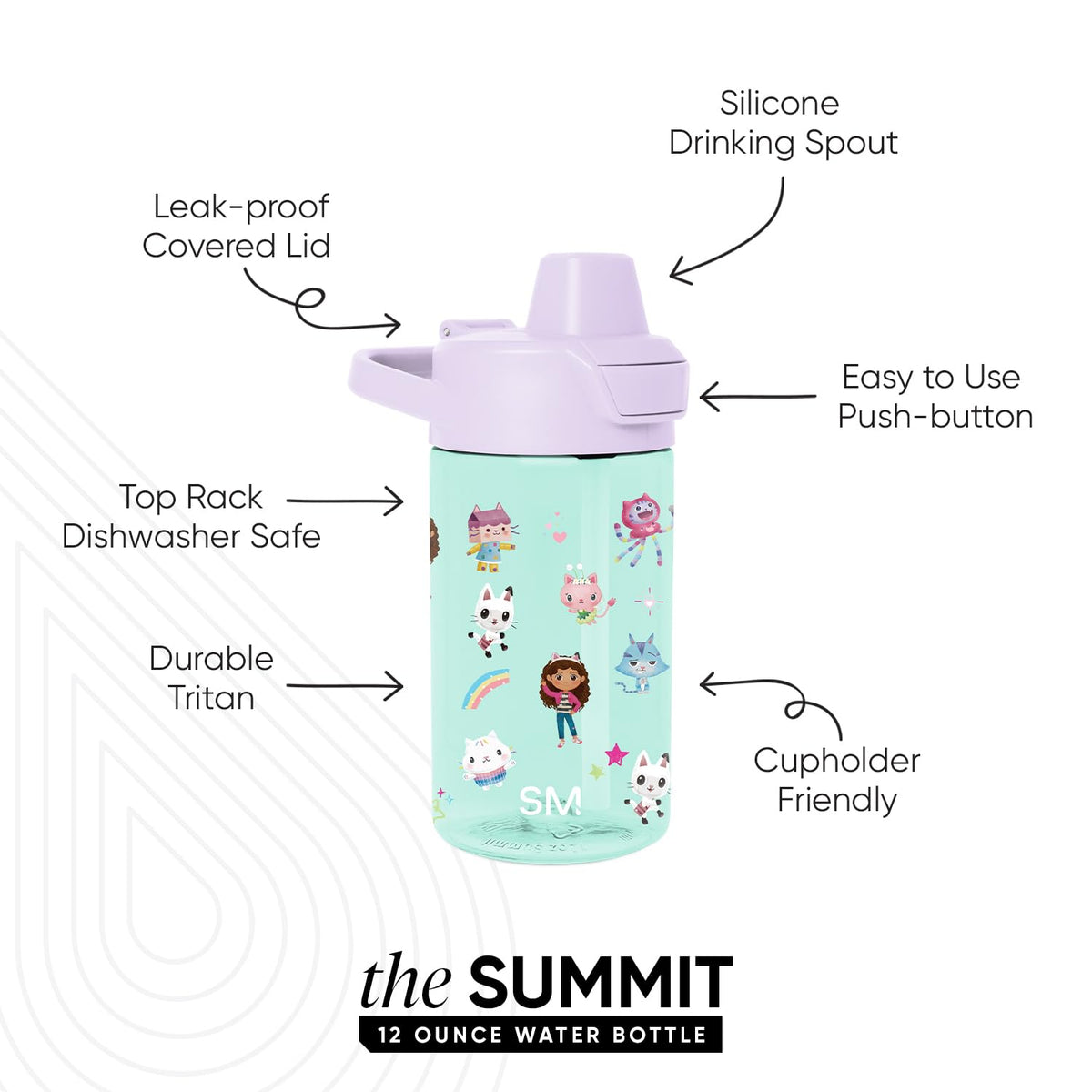 Simple Modern - Botella de agua de plástico Tritan para niños, con tapa de popote, para casa de muñecas de Gabby, 12 onzas, a prueba de fugas, sin BPA, para niños, niñas y niños pequeños, Gabby's