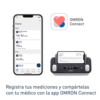 OMRON Complete – Baumanómetro de Presión Arterial y Electrocardiograma (ECG) 2 en 1 para Brazo, Validado Clínicamente, con Conectividad Bluetooth y App Gratuita – Ideal para Uso en Casa