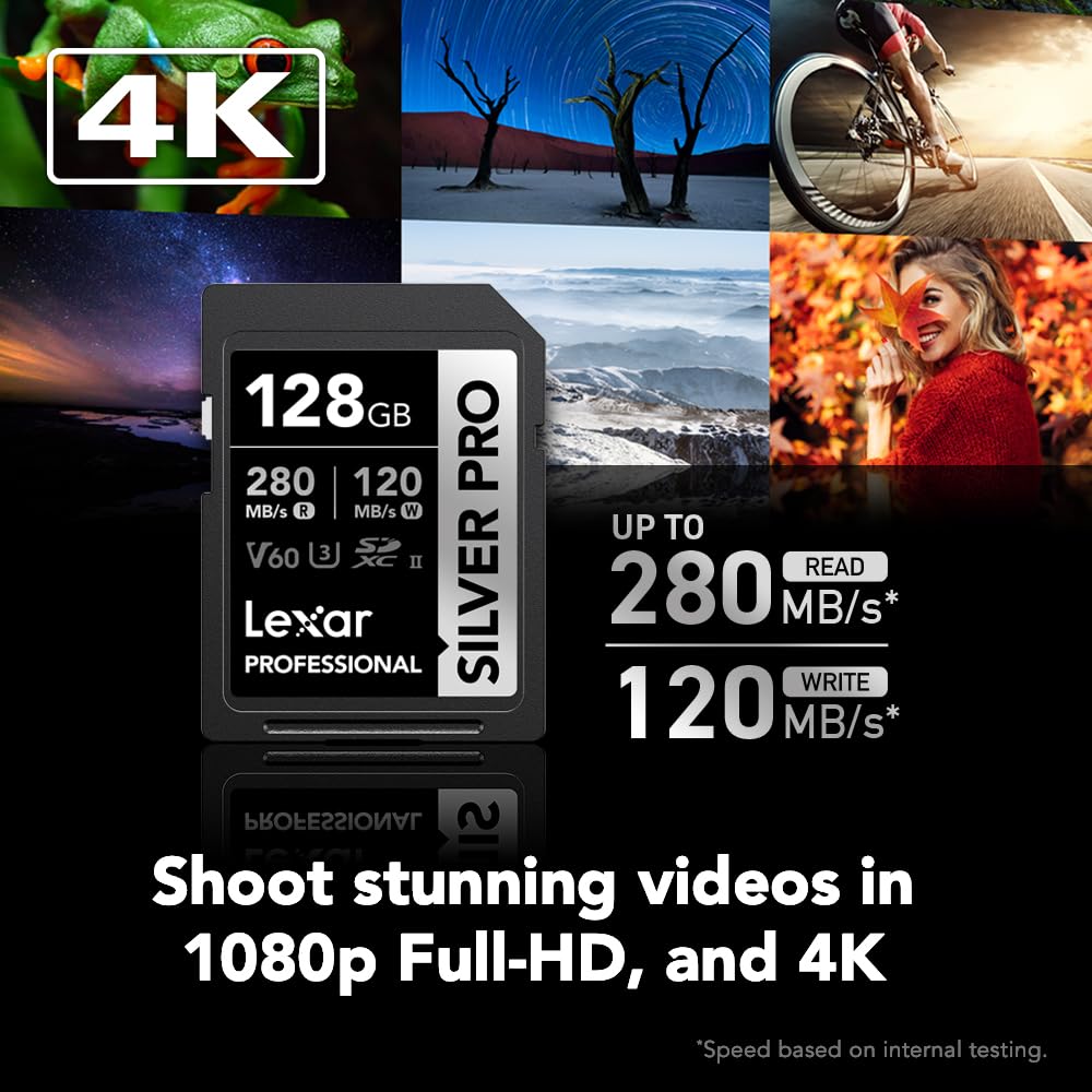 Lexar Professional Tarjeta de memoria Silver PRO SDXC UHS-II de 128 GB, C10, U3, V60, Full HD y video 4K, hasta 280 MB/s de lectura, para fotógrafo profesional, videógrafo, entusiasta (LSDSIPR128G-BNNNU)