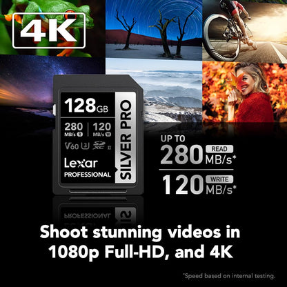 Lexar Professional Tarjeta de memoria Silver PRO SDXC UHS-II de 128 GB, C10, U3, V60, Full HD y video 4K, hasta 280 MB/s de lectura, para fotógrafo profesional, videógrafo, entusiasta (LSDSIPR128G-BNNNU)