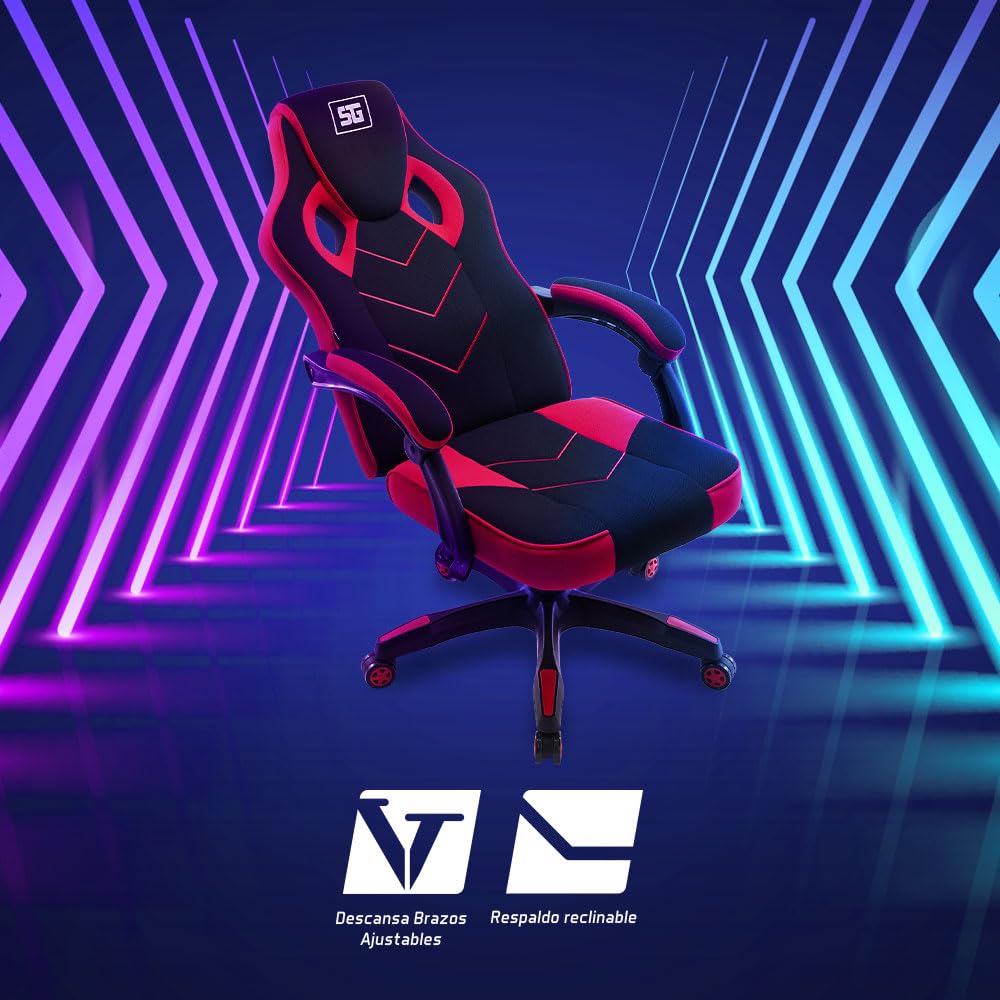 Silla Gamer CGC301 - Soporte 120 Kg, Respaldo Reclinable 135°, Ruedas 60 mm, Tapizado Tela Automotriz, Descansabrazos, Ergonómica para Gaming y Oficina, Color Rojo/Negro