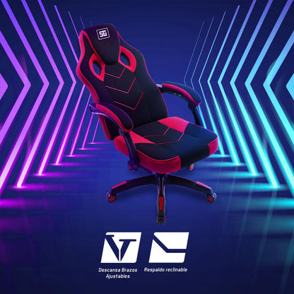 Silla Gamer CGC301 - Soporte 120 Kg, Respaldo Reclinable 135°, Ruedas 60 mm, Tapizado Tela Automotriz, Descansabrazos, Ergonómica para Gaming y Oficina, Color Rojo/Negro