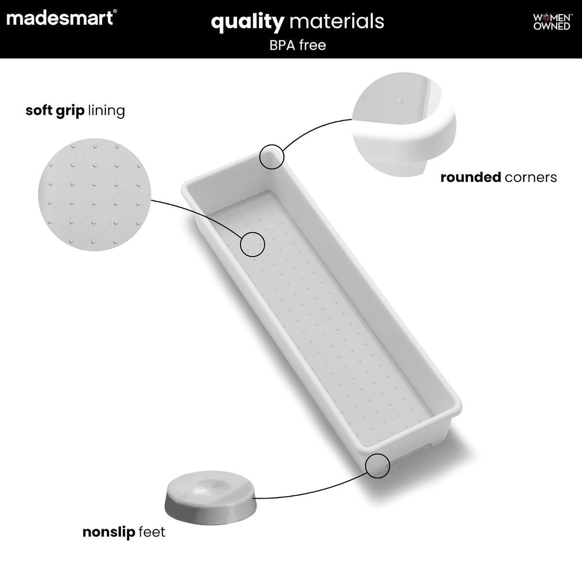 madesmart - Contenedor antimicrobiano clásico de 12 x 3 pulgadas, organizador de cajones, organización multiusos para el hogar, certificado por la EPA, color blanco