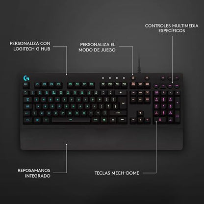 Logitech G213 Prodigy Teclado Gaming en Inglés, RGB LIGHTSYNC, Teclas Retroiluminadas, Resistente a Salpicaduras, Teclas Personalizables, Controles Multimedia Dedicados - Color Negro