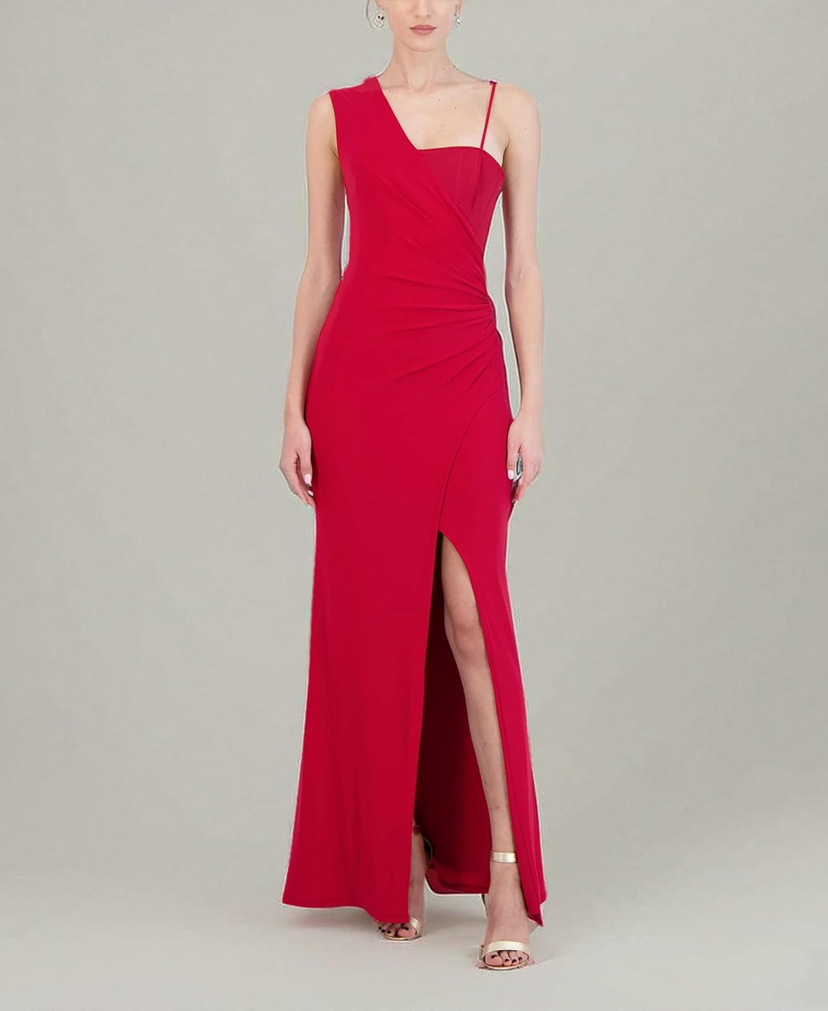 BCBGMAXAZRIA Sleeveless Fit and Flare Long Evening Dress Adjustable Spaghetti Strap Asymmetrical Neck Front Slit Vestido Mujer