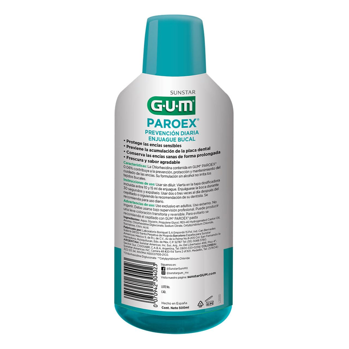 GUM - Enjuague Bucal Paroex Uso Diario con Clorhexidina y Fórmula Sin Alcohol - Cuidado Continuo de Encías y Frescura Duradera - 500 ml