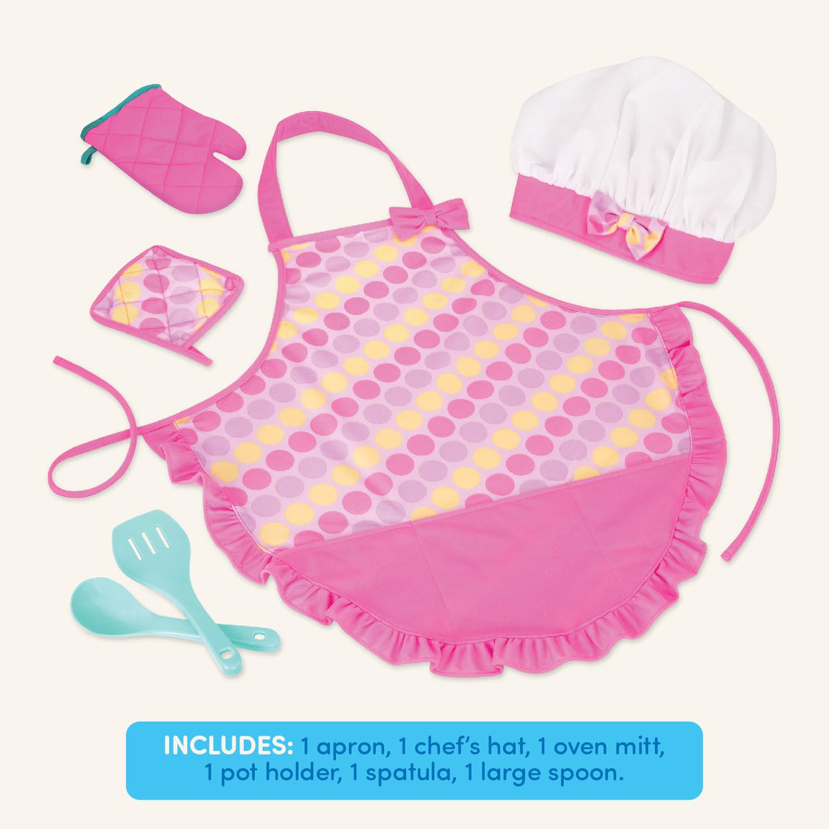 Battat Smart Cookie, Delantal de Chef Infantil con Gorro y Utensilios | Set de 6 con delantal, gorro de chef, manopla, agarrador, espátula y cuchara grande para juego de cocina, 3 años y +