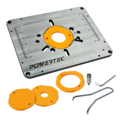 POWERTEC Placa de inserción de mesa de enrutador Bosch, DeWalt, Makita y | Placa de inserción de aluminio de precisión, tornillo de nivelación, pasador de arranque para carpintería con tablas de