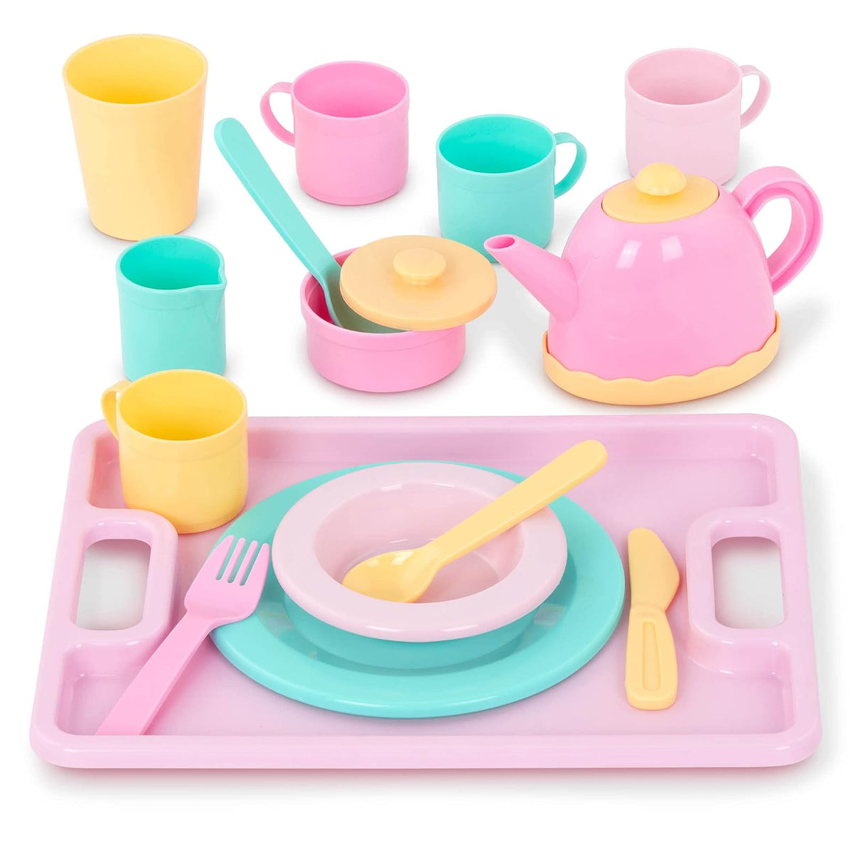 Battat Dishes Wishes, vajilla de Juguete con Tetera y Bandeja | Vajilla infantil Set de 34 piezas con tetera, azucarera, cremera, tazas, vasos, platos, cuencos y cubiertos, 3 años y +