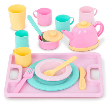 Battat Dishes Wishes, vajilla de Juguete con Tetera y Bandeja | Vajilla infantil Set de 34 piezas con tetera, azucarera, cremera, tazas, vasos, platos, cuencos y cubiertos, 3 años y +