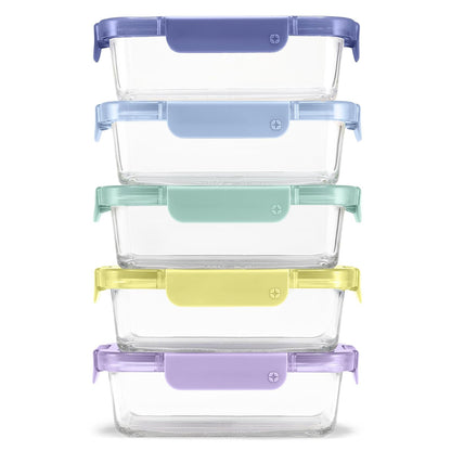 Ello Color Lock 3.4 tazas 10 unidades, paquete de 5 recipientes de vidrio para preparar comidas a prueba de fugas con tapas de plástico herméticas sin BPA, apto para lavaplatos, microondas y