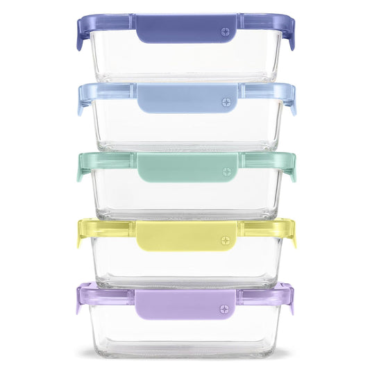 Ello Color Lock 3.4 tazas 10 unidades, paquete de 5 recipientes de vidrio para preparar comidas a prueba de fugas con tapas de plástico herméticas sin BPA, apto para lavaplatos, microondas y