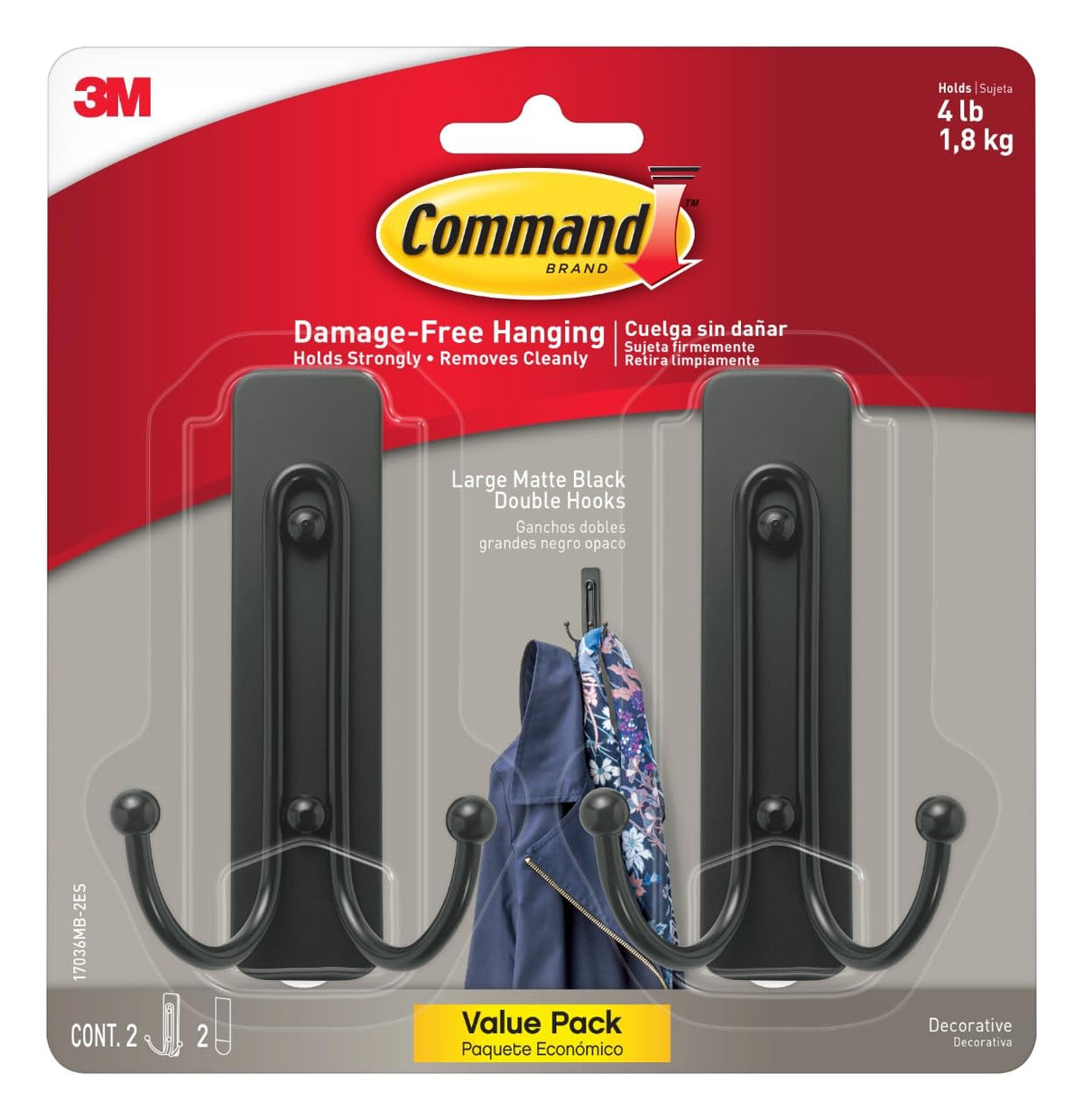 Command Ganchos de pared grandes para colgar sin daños con tiras adhesivas, sin herramientas, ganchos de pared dobles para decoración de Navidad, 2 ganchos de plástico negro y 2 tiras - Mate negro - Large - 2-pack