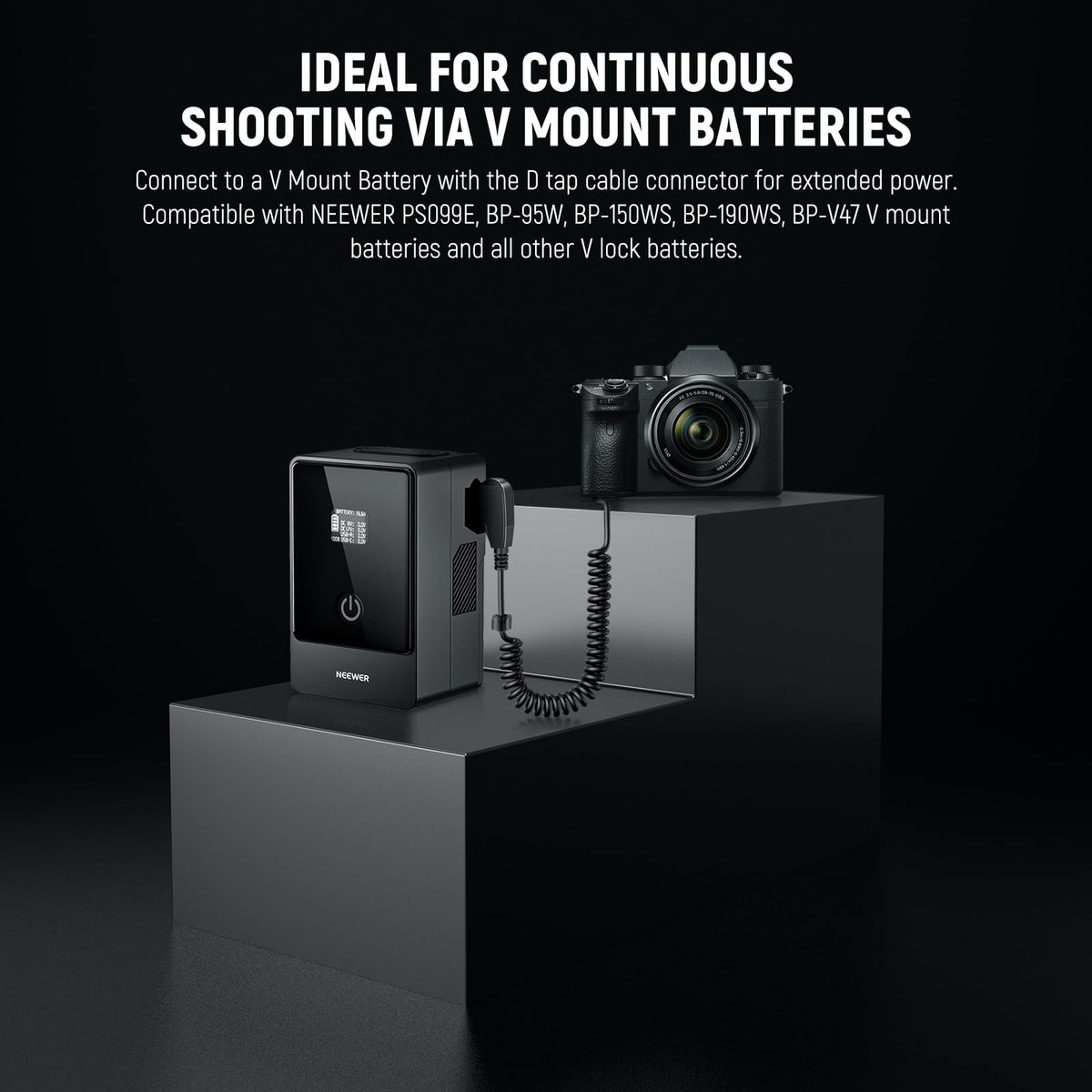 NEEWER D Tap to NP-FZ100 Batería Simulada con Cable para V Mount Batería, Fuente de Alimentación Estable para Sony ZV-E1 A1 A7 III A7 IV A7C II R III IV V A7S III A9 II A6600 A6700 FX3 FX30, VP-FZ100