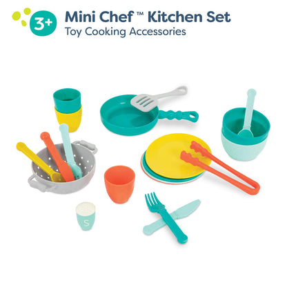 B. toys Mini Chef, Accesorios de Cocina y vajilla de Juguete | Set de juego de 33 piezas con olla, sartén, colador, utensilios, platos, cuencos, vasos y cubiertos para 4, 3 años y +
