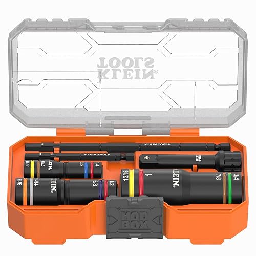 Klein Tools 653QS KNECT - Enchufe cuádruple, 12 tamaños en 3 enchufes, 4 en 1 con código de color SAE con clasificación de impacto, resistente, unidad de 1/4 y 3/8 pulgadas, eje de 3-1/2 y 6-1/2