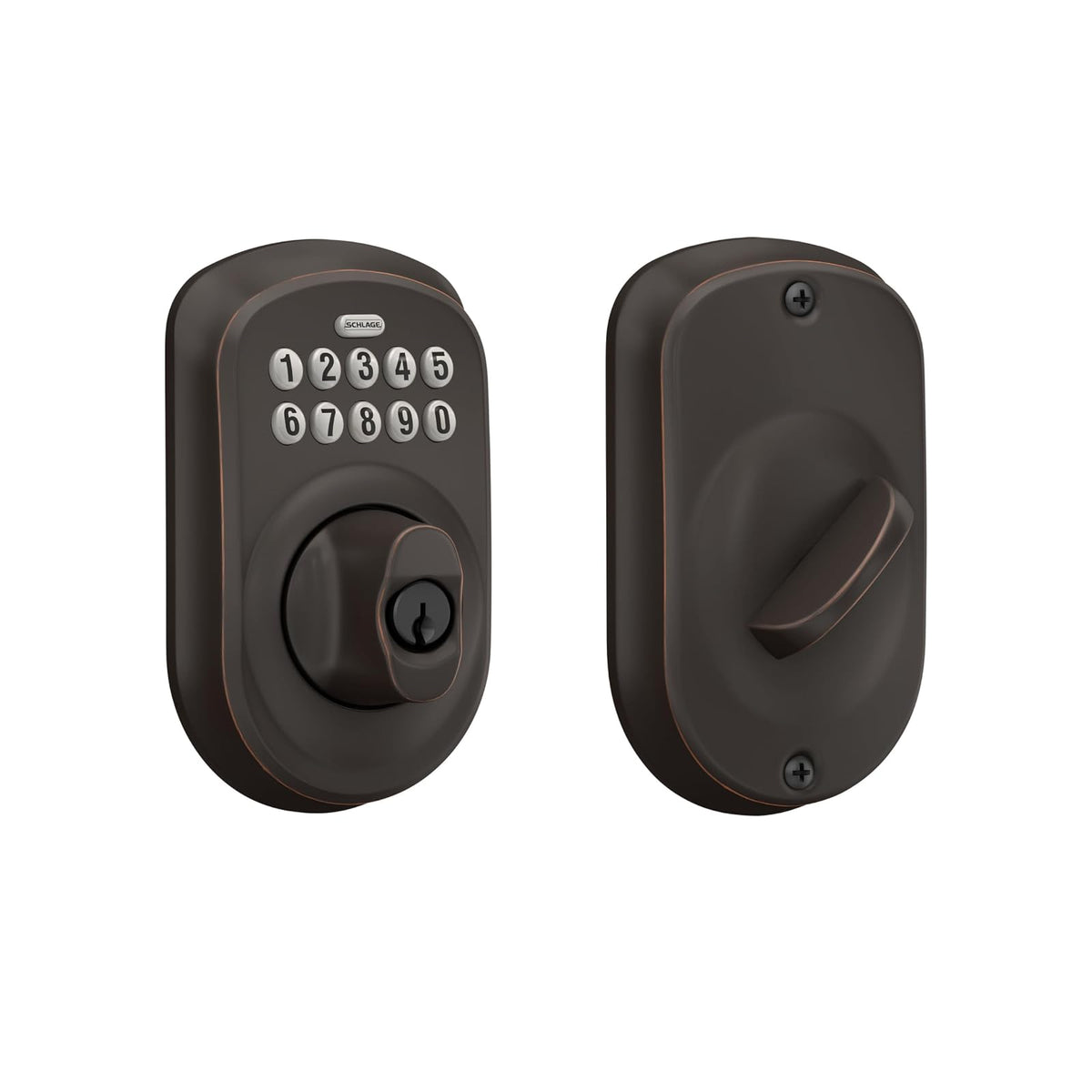 Schlage Camelot Escudo Electrónico con Teclado Numérico - Bronce Añejado - empaque de comercio electrónico