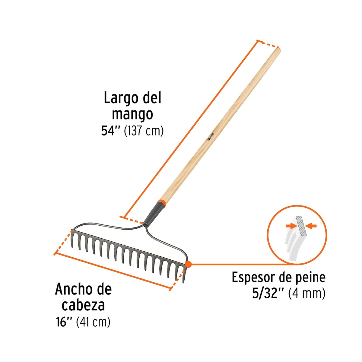 Truper R-16AM, Rastrillo jardinero Classic, 16 dientes, mango 54"