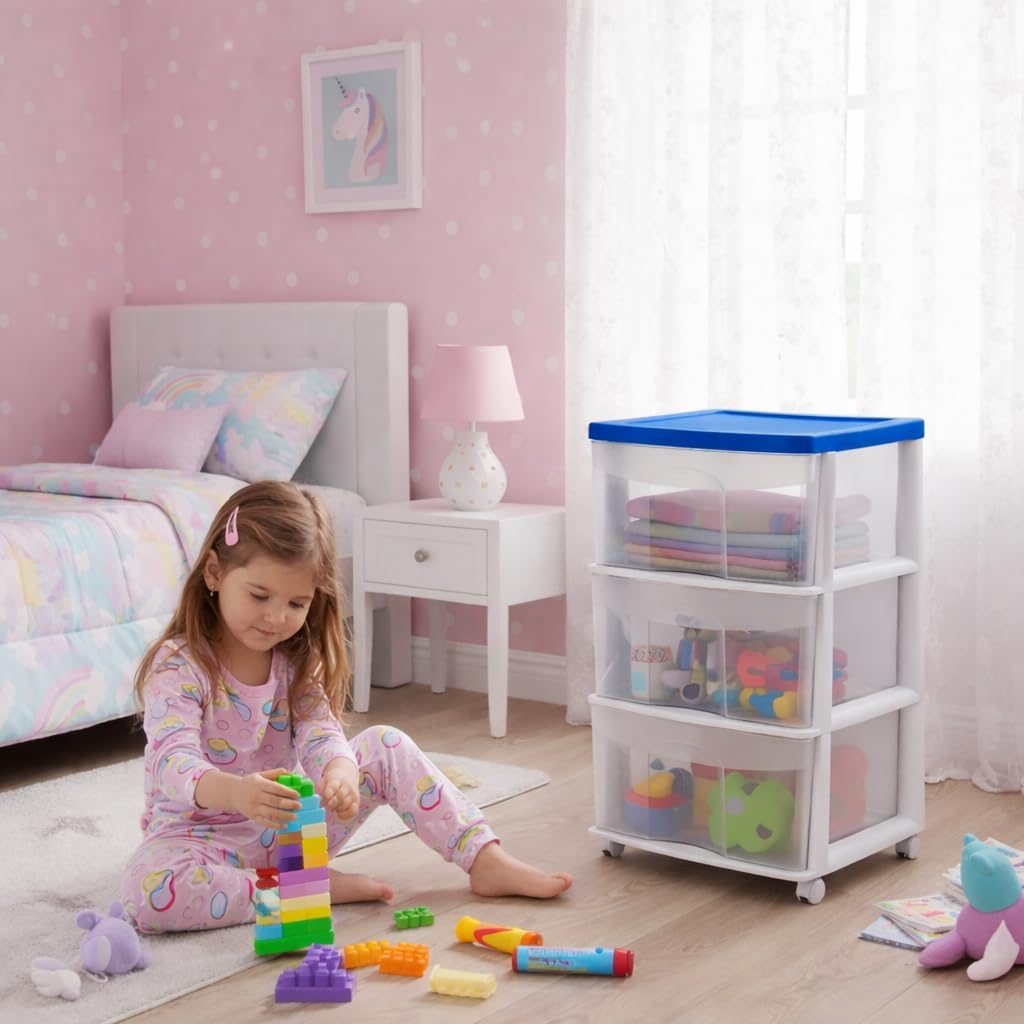 Italhome Cajonera FOX 3 de Plástico con Ruedas 3 Cajones Transparentes, Organizador Multiusos Móvil para Hogar y Oficina, Mueble Ligero Resistente, Color Azul