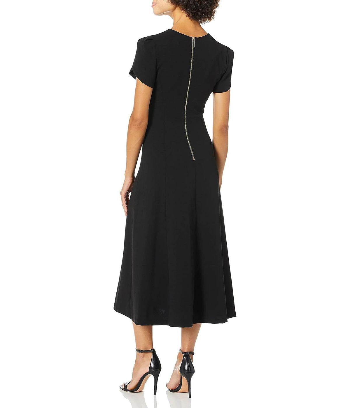 Calvin Klein Tulip Vestido Midi de Manga A Vestido para Mujer | Silueta acampanada, longitud media, mangas cortas de tulipán, cuello en V, tela elástica, ocasión para invitados de boda
