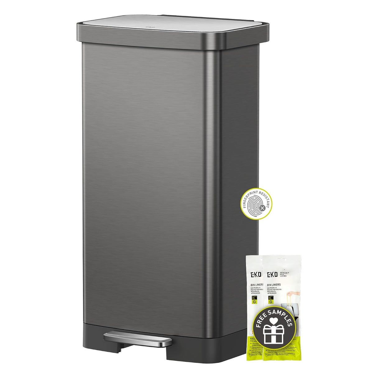 EKO Hudson - Bote de basura grande de acero inoxidable de 75 litros/20 galones, bote de basura alto con compartimento de almacenamiento de bolsa trasera, color bronce - 75 Liter - Gunmetal