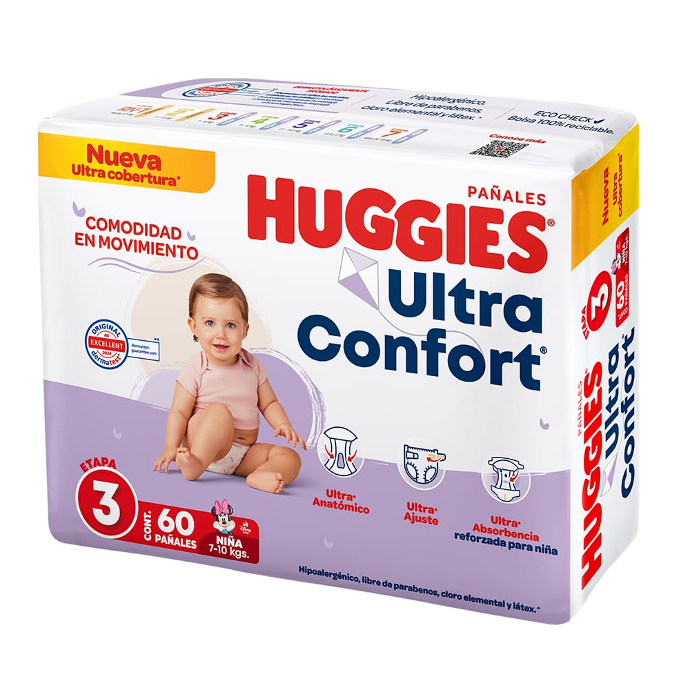 HUGGIES UltraConfort Pañal Desechable para Bebé, Etapa 3, Niña, Caja con 180 Piezas, Ideal para Bebés de 7 a 10 kg