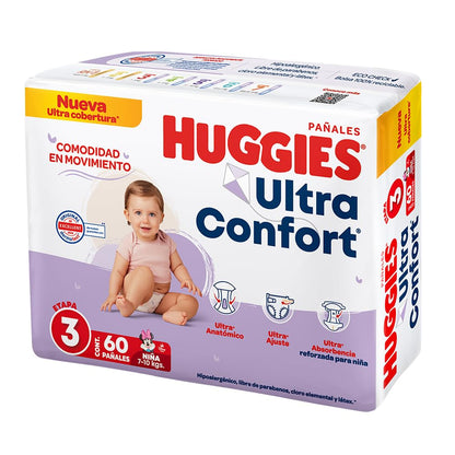HUGGIES UltraConfort Pañal Desechable para Bebé, Etapa 3, Niña, Caja con 180 Piezas, Ideal para Bebés de 7 a 10 kg