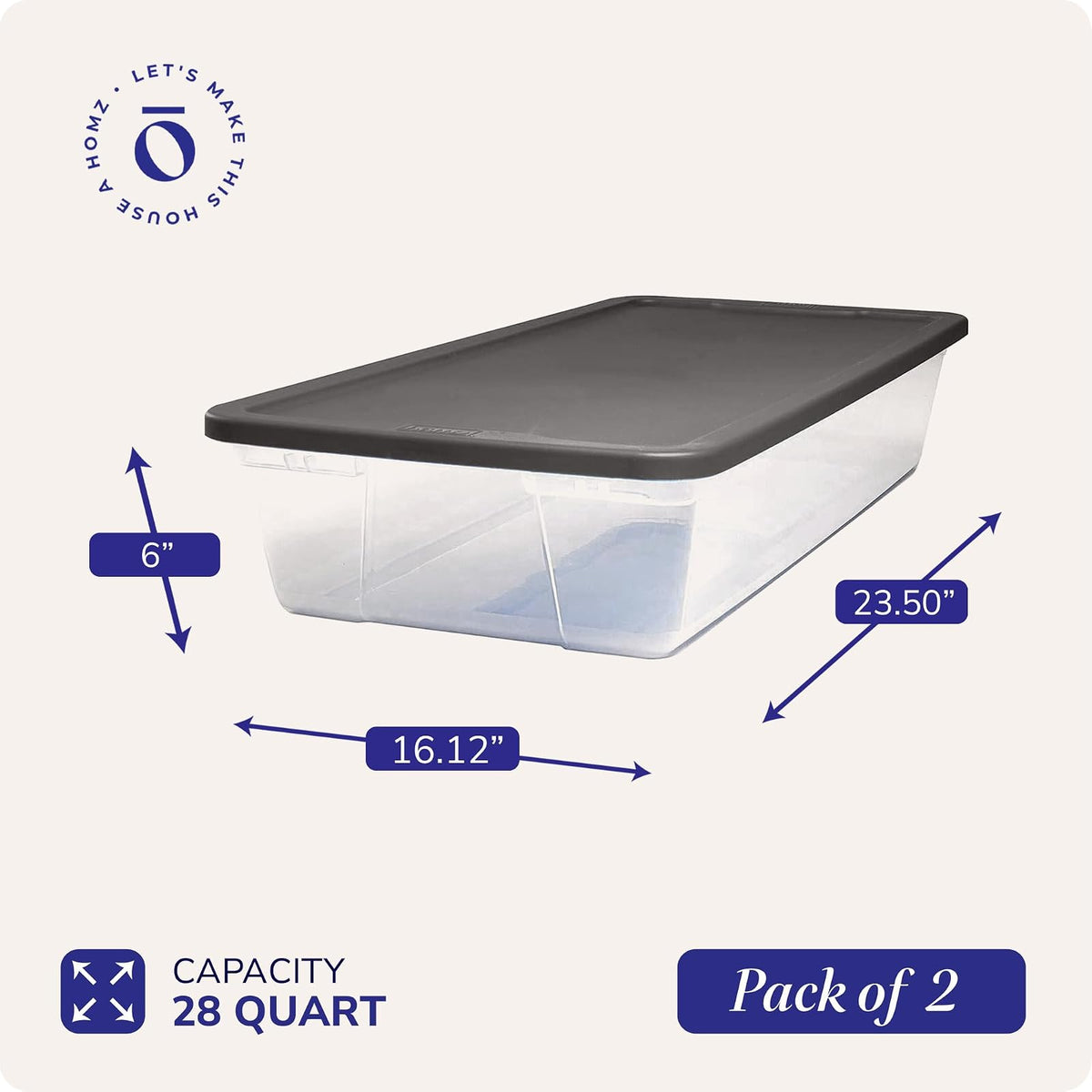 HOMZ - Paquete de 2 cubos organizadores de almacenamiento de plástico transparente pequeños con tapas, 28 cuartos de galón, gris, cajas apilables para recámara, baño, cochera y organización de oficina