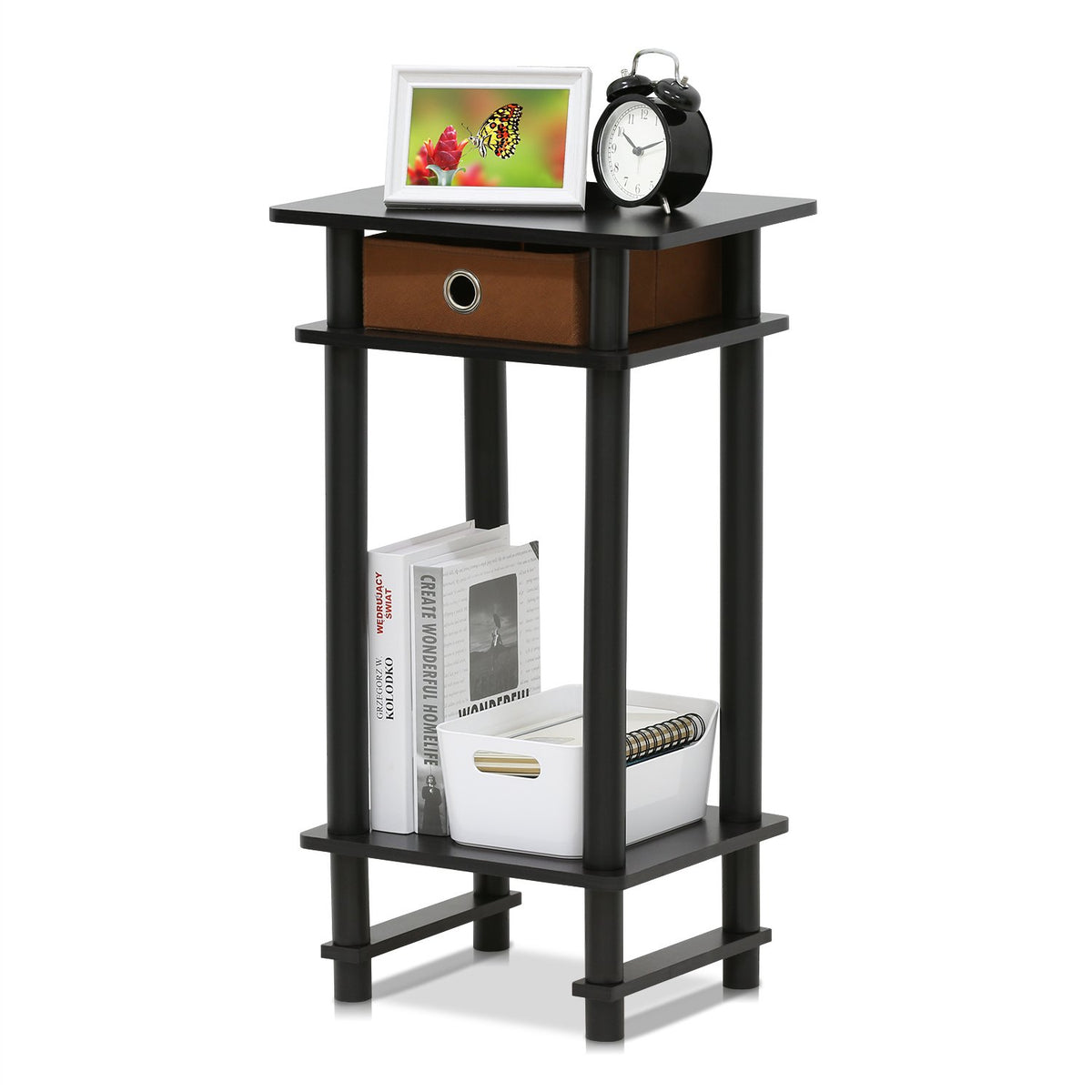 Furinno Turn-N-Tube Mesa Auxiliar de 3 Niveles con Contenedor de Almacenamiento, Espresso