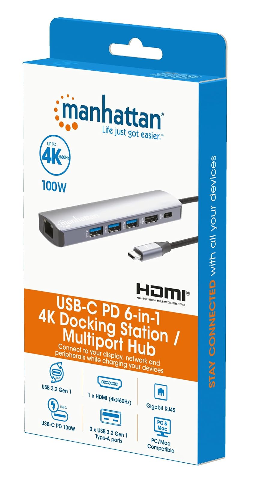Manhattan Docking Station USB C Hub 6 en 1 con HDMI 4K@60Hz, Puerto Gigabit Ethernet y Carga PD 100W, Adaptador con 3 Puertos USB 3.0 para MacBook Pro, Air, iPad y Laptop, Gris Espacial, 153959