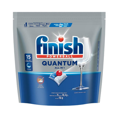 Finish® Quantum Detergente en Tabletas para Lavavajillas, 15 tabletas, Sin necesidad de pre-lavar para una limpieza profunda y duro contra la grasa