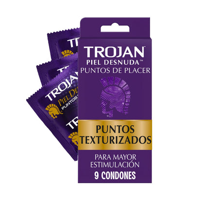 Trojan Condones Piel Desnuda Puntos de Placer Caja con 9 piezas. | Con Puntos Texturizados y Elevados, Lubricados para Mayor Estimulación. Con Látex de Primera Calidad.