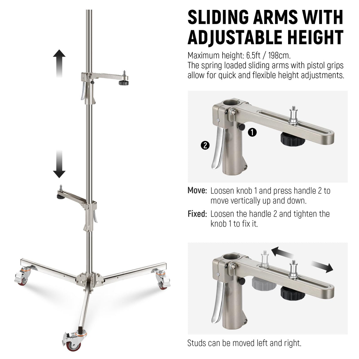 NEEWER - Soporte de luz de acero inoxidable de 198 cm, soporte de trípode resistente con ruedas giratorias, 2 brazos deslizantes con agarre de pistola, pata plegable para fotografía Softbox Monolight,