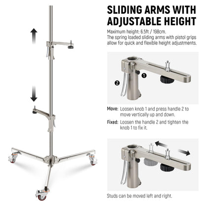 NEEWER - Soporte de luz de acero inoxidable de 198 cm, soporte de trípode resistente con ruedas giratorias, 2 brazos deslizantes con agarre de pistola, pata plegable para fotografía Softbox Monolight,