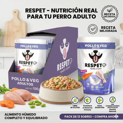 RESPET Alimento Húmedo para Perro Adulto Pollo y Vegetales 30 Sobres 100 g